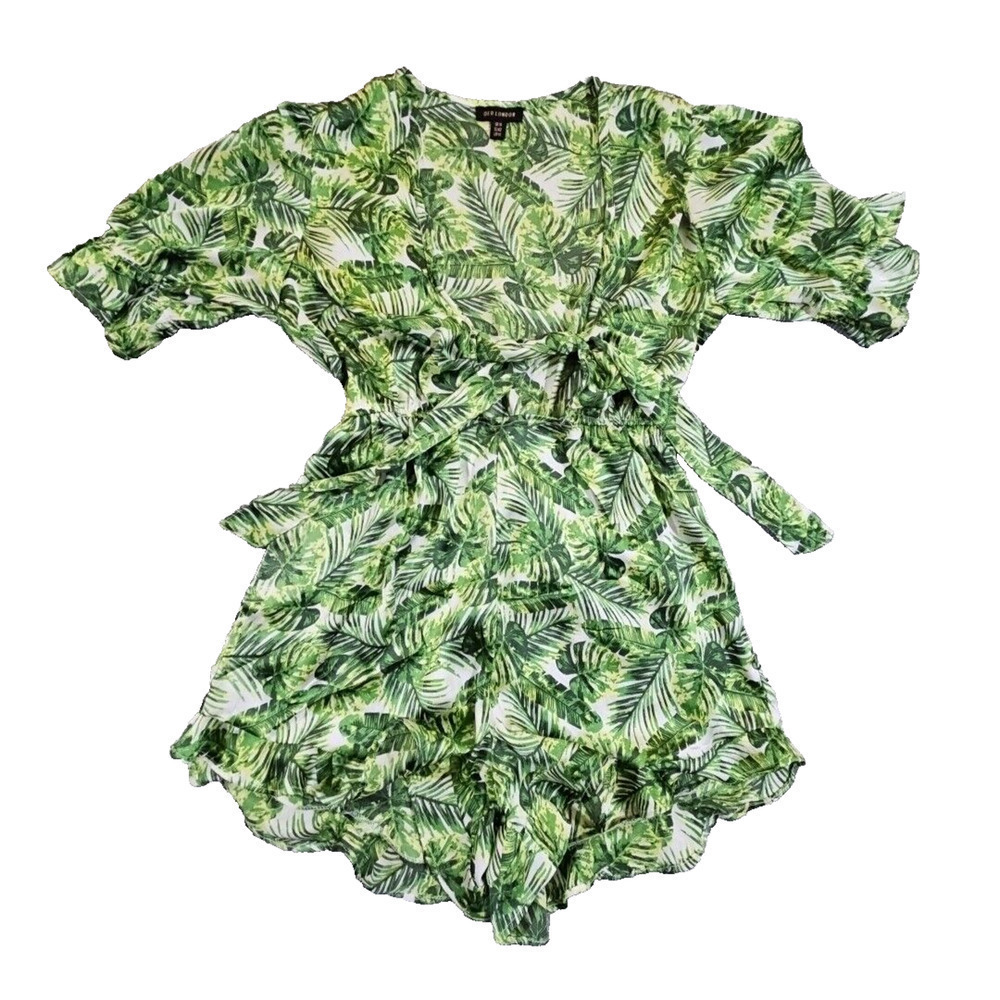 QED London Romper Dress Size‎ 10 Green Palm Print Y2K Fairy Core Boho 1/2 Sleeve